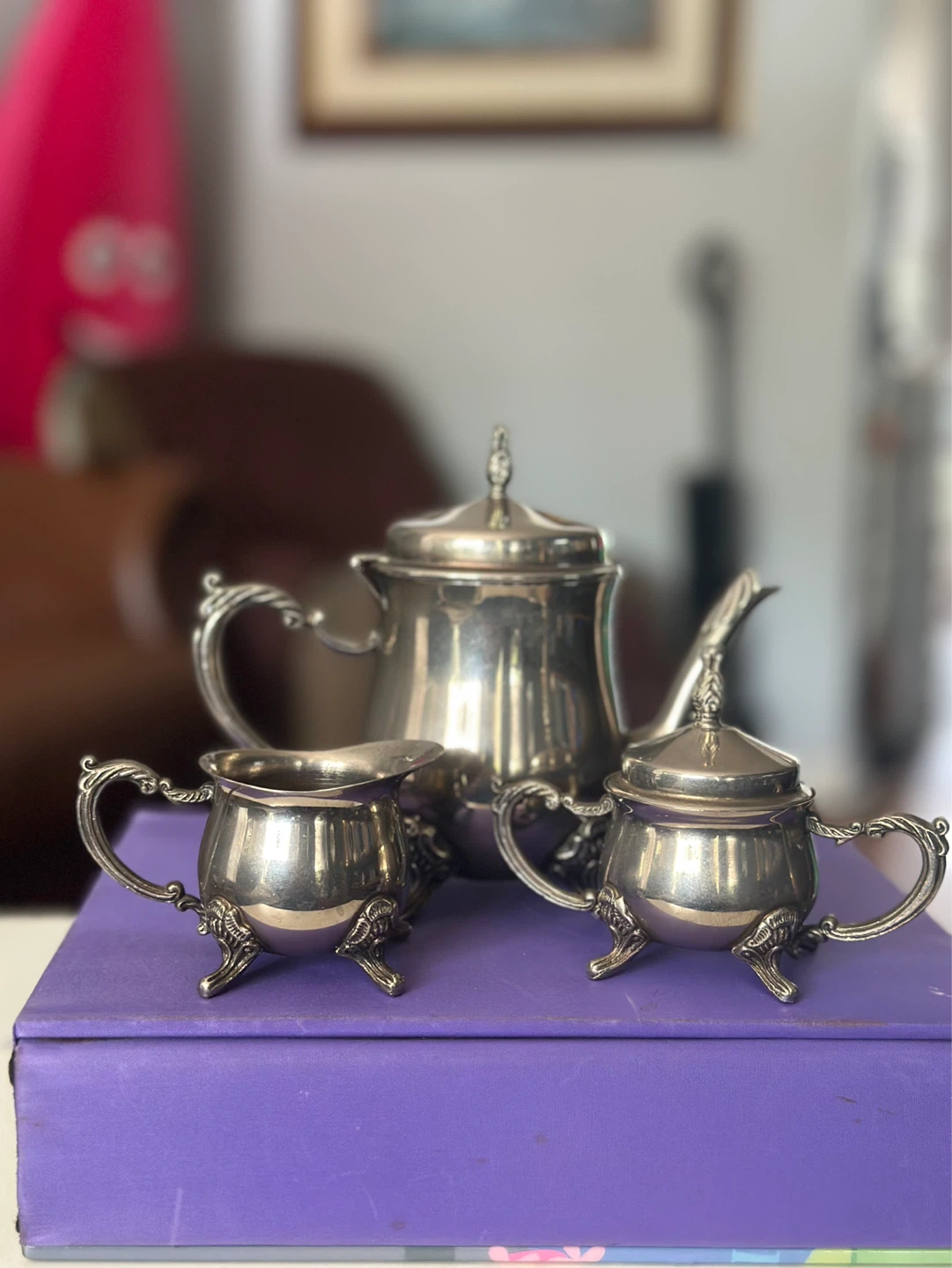 Silver Plated Teapot, Sugar Bowl, and Creamer Set