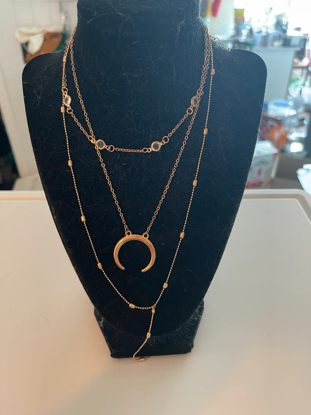 Witchy Gold tone layered necklace with crescent moon pendant
