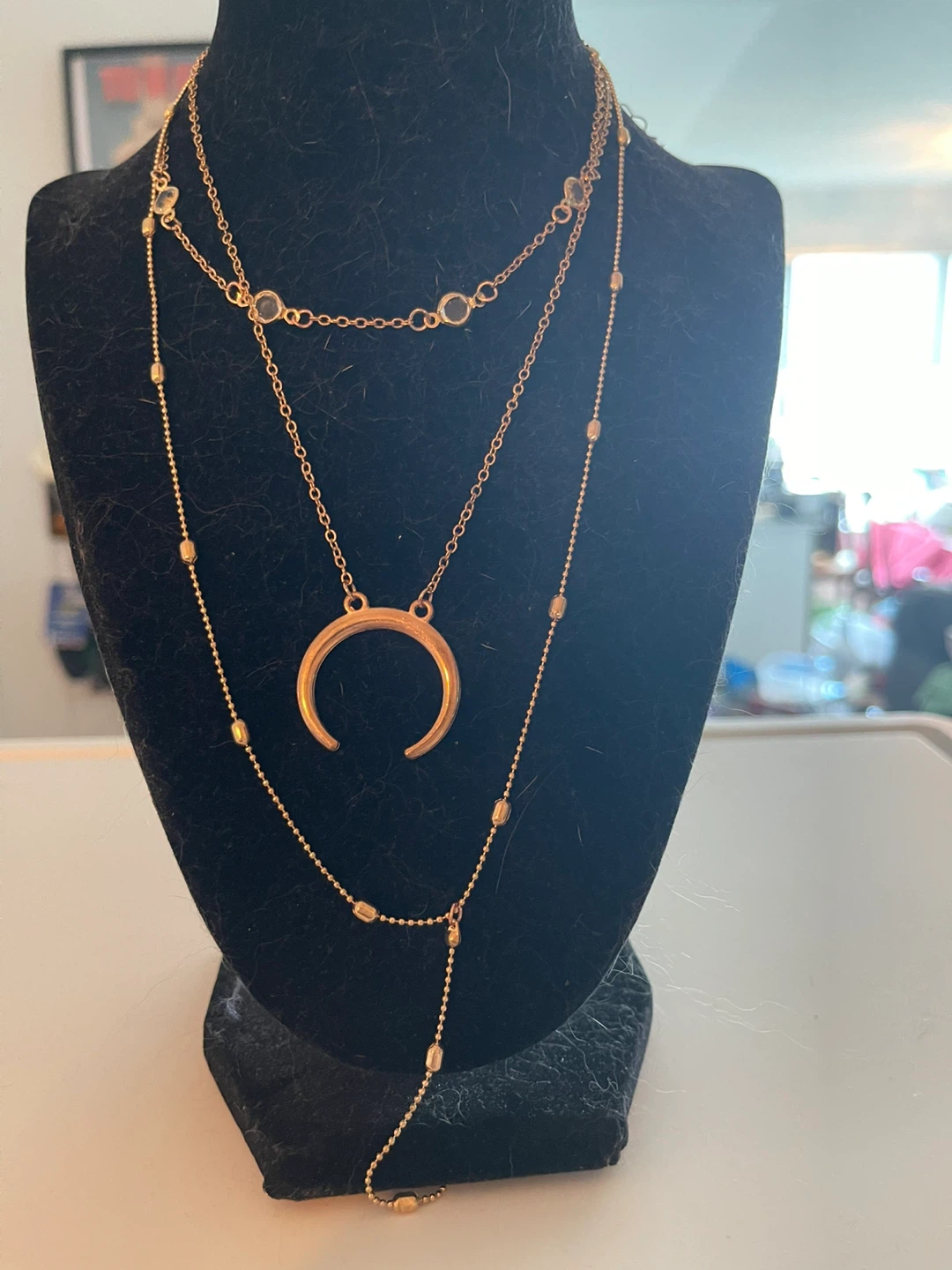 Witchy Gold tone layered necklace with crescent moon pendant - photo 2