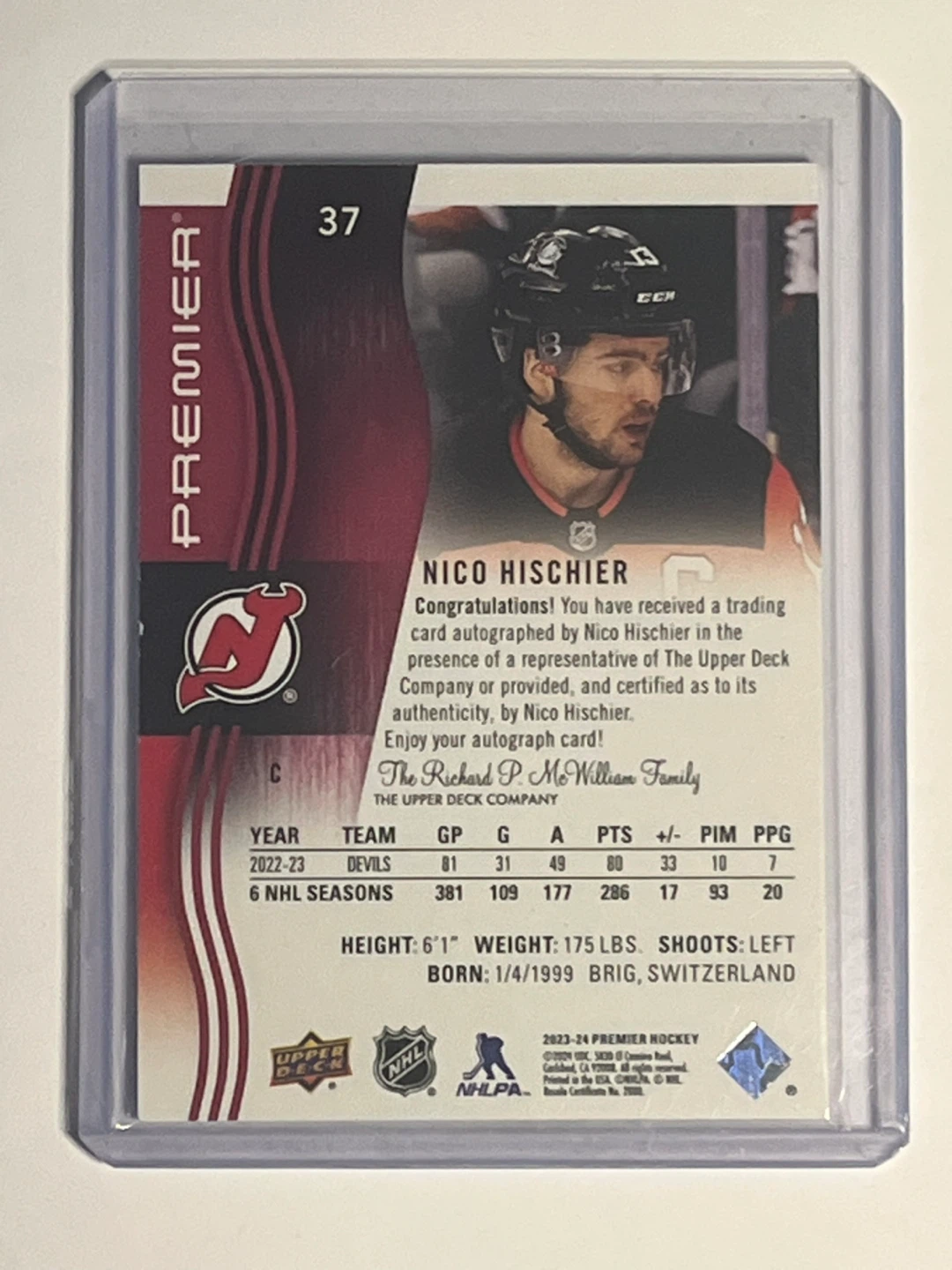 Nico Hischier Autographed Hockey Card - photo 2