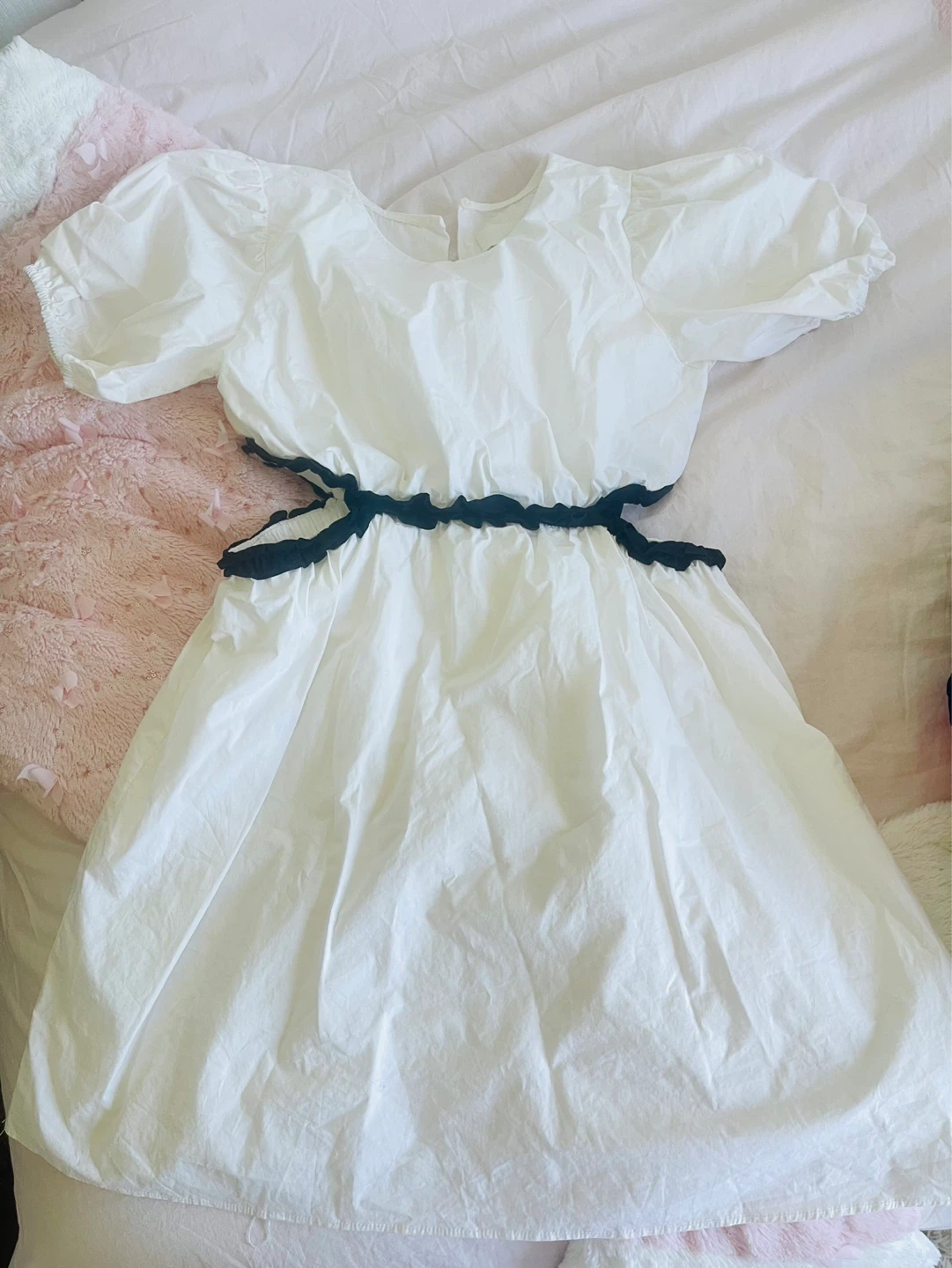 White Puff Sleeve Dress with Cutout Waist