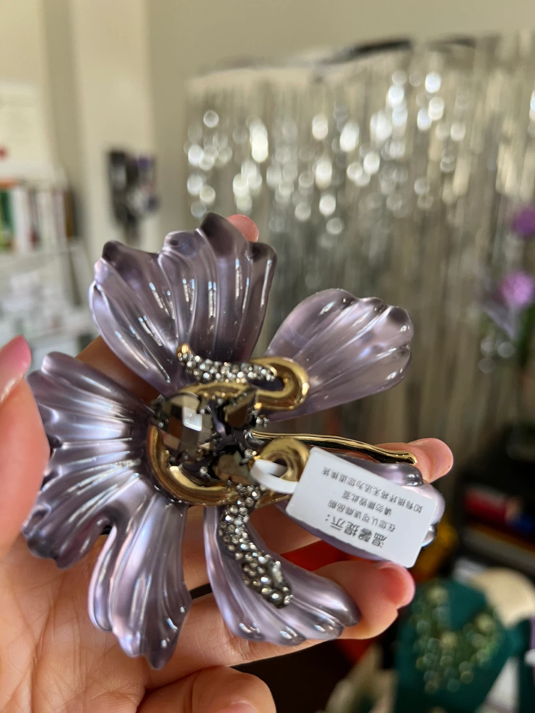 Purple Flower Brooch with Rhinestones and Gold Accents