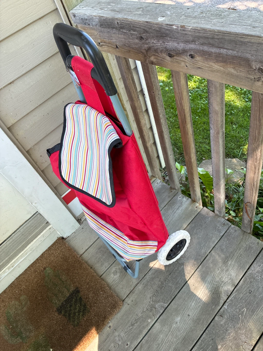 Red Rolling Shopping Cart with Striped Accent