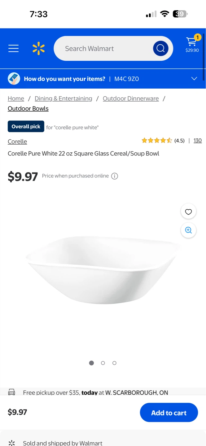 Corelle Pure White 22 oz Square Cereal/Soup Bowl