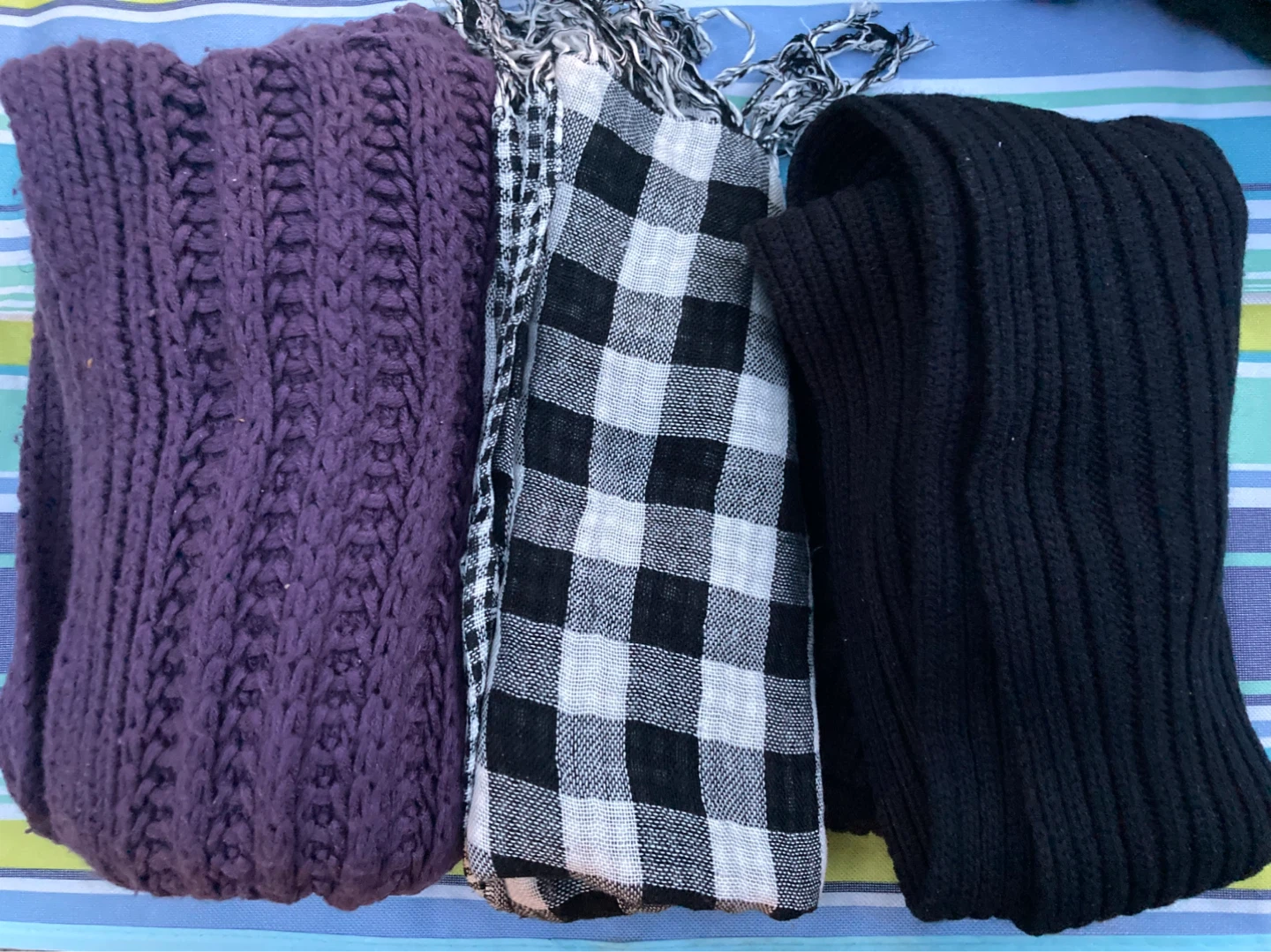 Purple Knit Scarf, Black Ribbed Scarf, and Gingham Scarf⚽️
