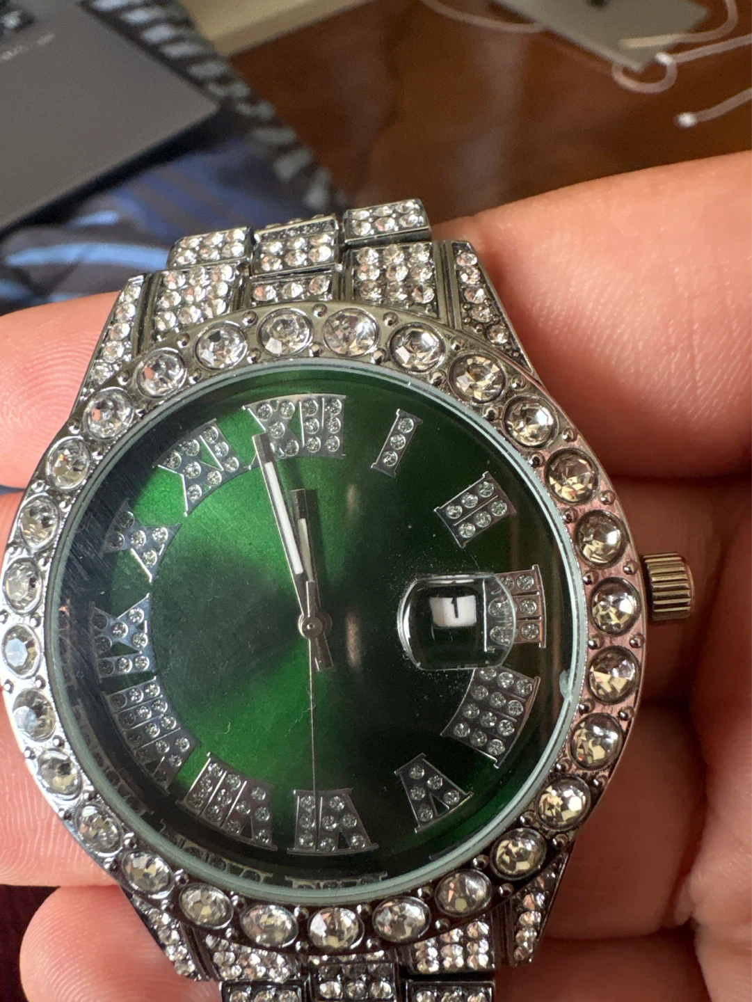 Custom watch iced out case with NH30 movement and green dial