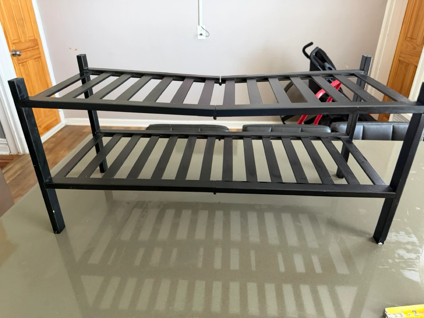 Black 2-Tier Metal Shelf Unit (needs screws tightened)