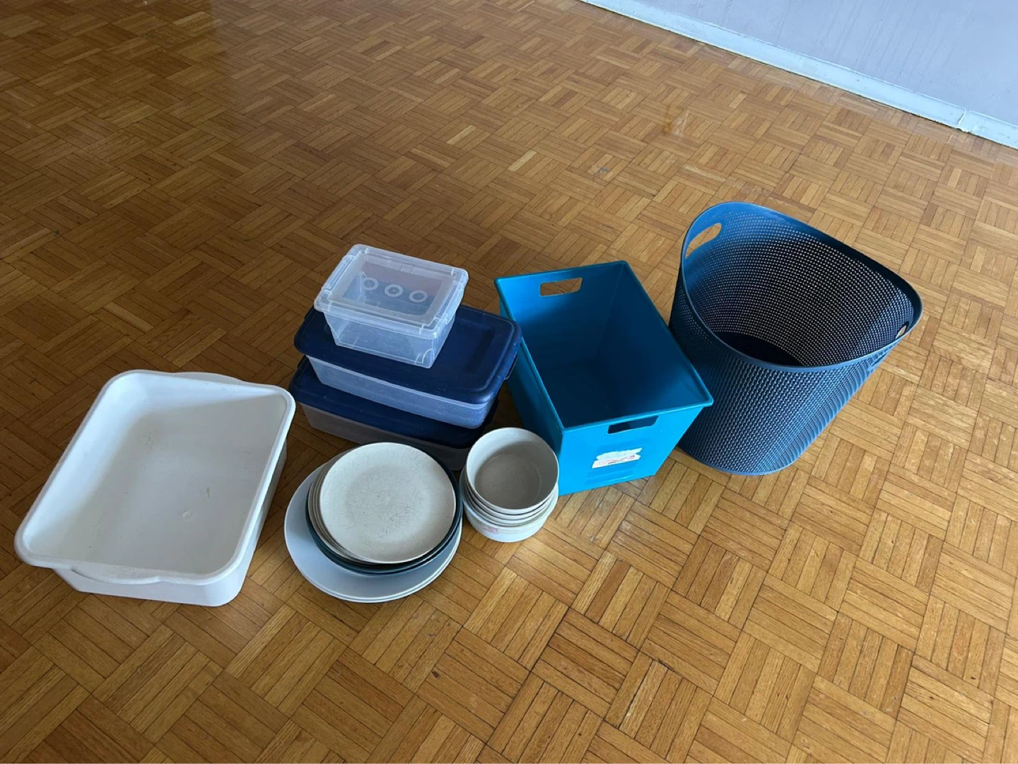 Assorted Food Storage Containers, Plates, and Bins