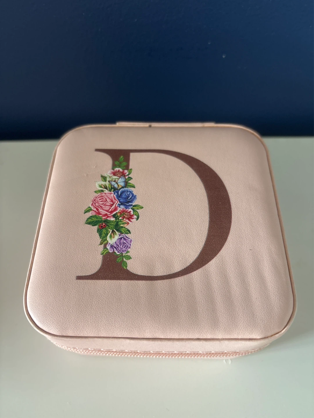 Pink 'D' Initial Jewelry Box with Floral Design