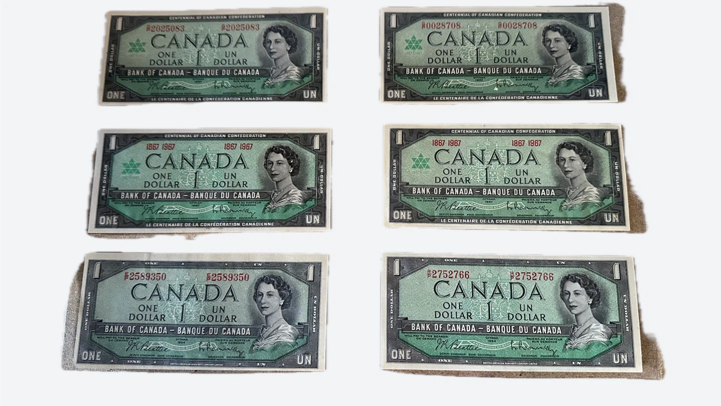 Set of 6 Canadian Confederation Centennial One Dollar Bills