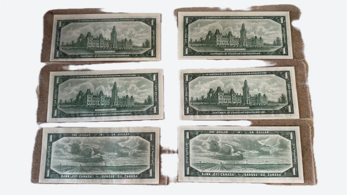 Set of 6 Canadian Confederation Centennial One Dollar Bills - photo 2