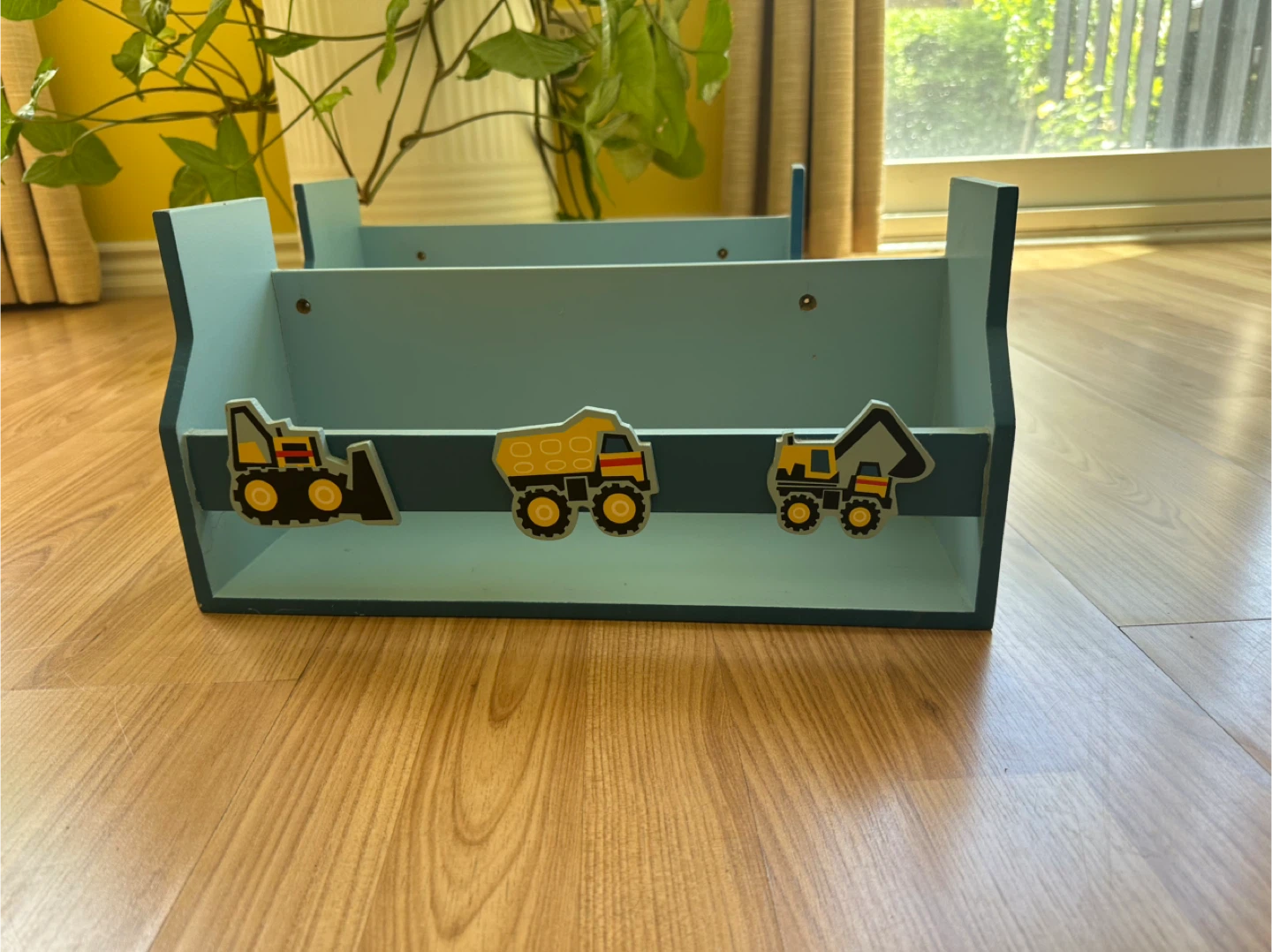 Kids Blue Shelving Unit with Construction Vehicles