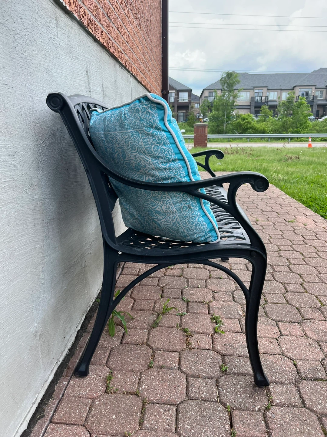 Black Metal Garden Bench with Blue Cushions - photo 2
