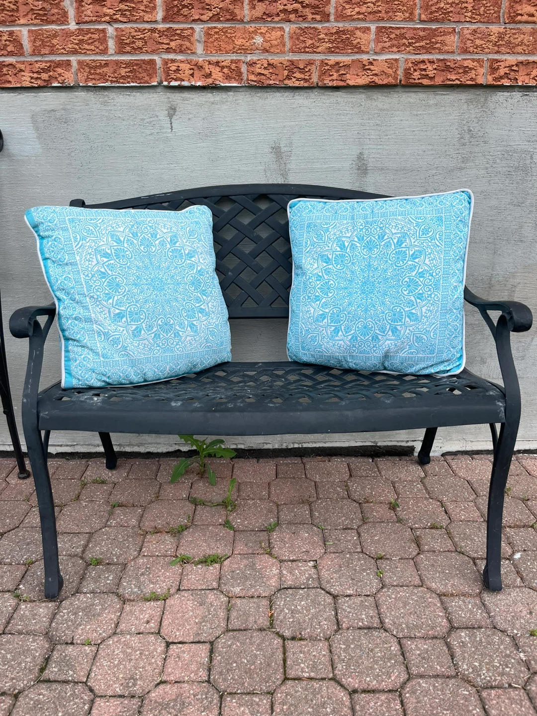 Black Metal Garden Bench with Blue Cushions