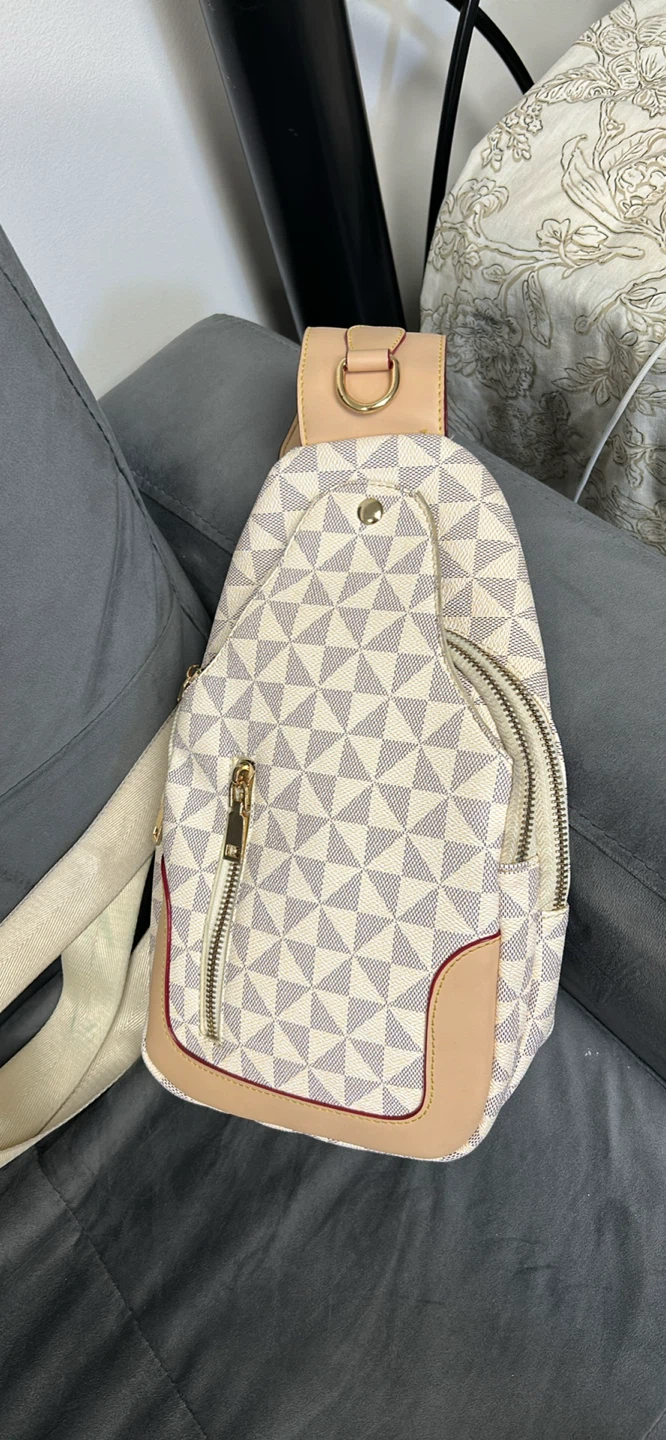 White and Beige Checkerboard Sling Bag