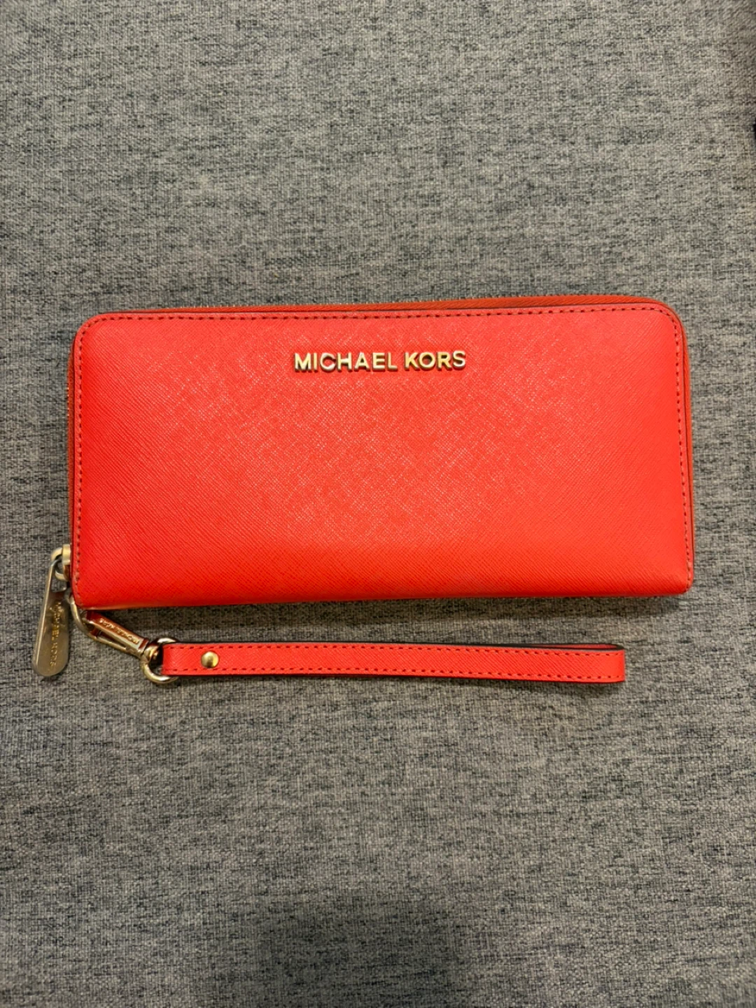 Michael Kors Coral-Red Saffiano Zip Wristlet Wallet