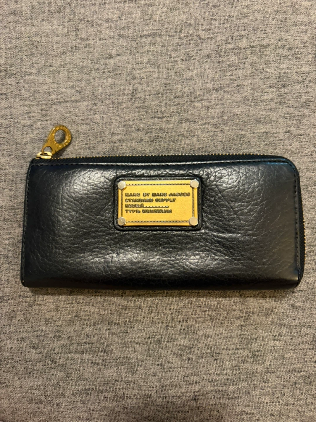 Marc By Marc Jacobs Black Leather Zip Wallet with Gold Plate