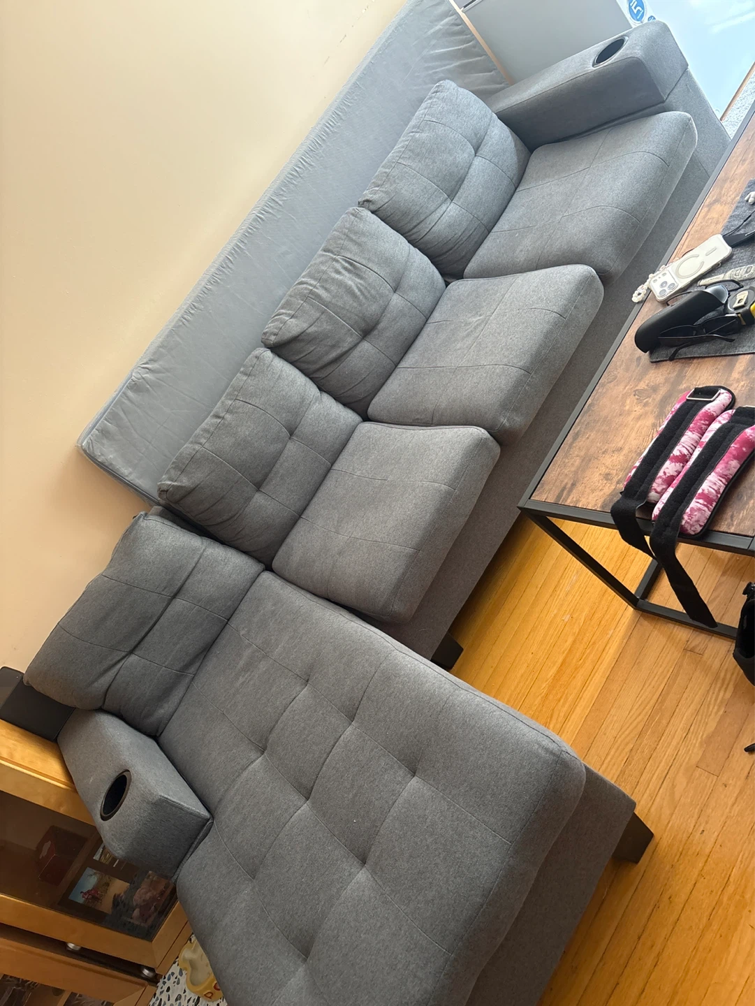 Grey Sectional Sofa Couch with Cup Holders