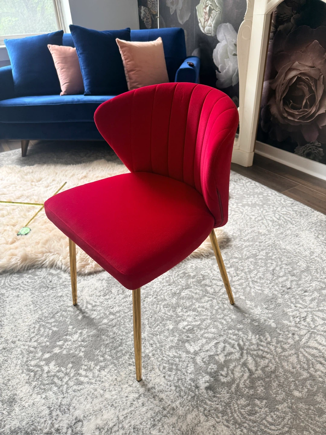 2 Red Velvet Accent Chairs with Gold Legs