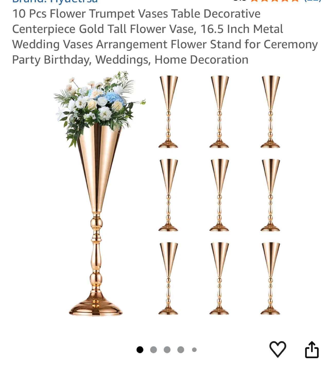 10 Pcs Gold Flower Trumpet Vases - 16.5 Inch Tall