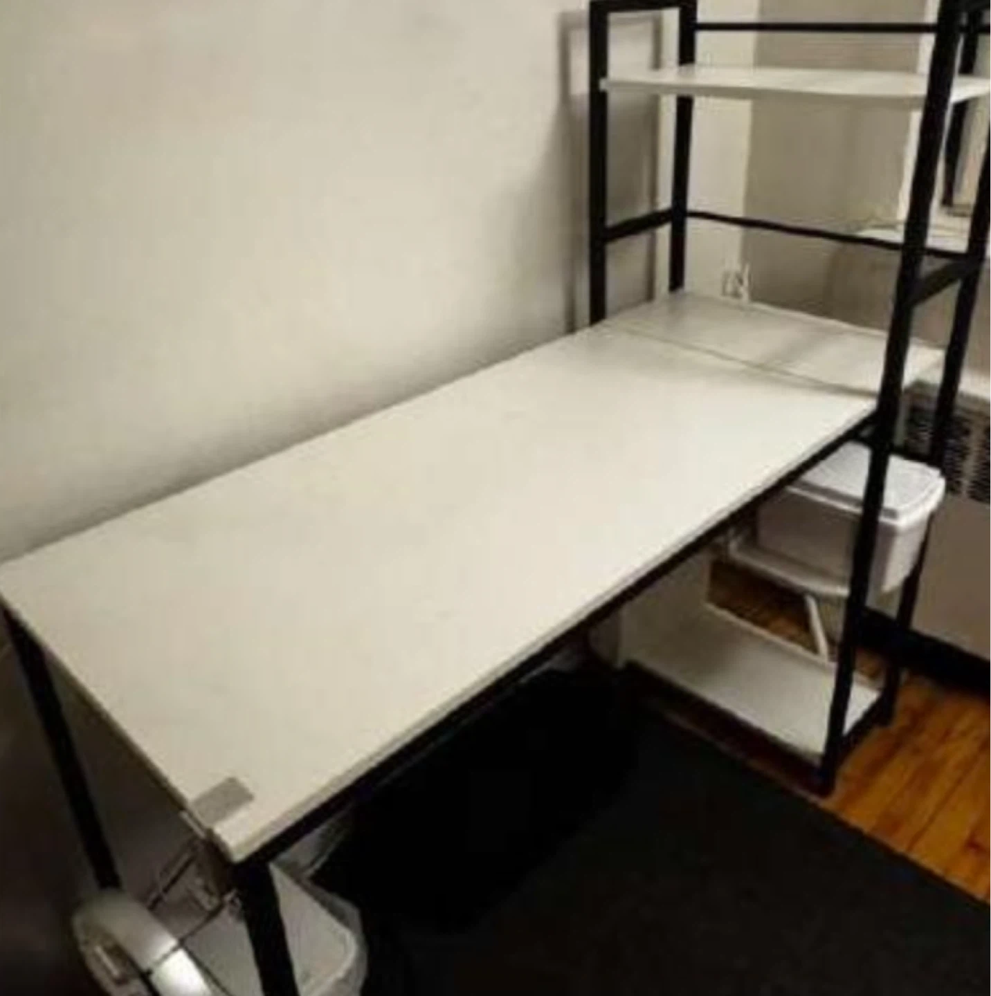 White Desk with Black Frame and Shelving Unit