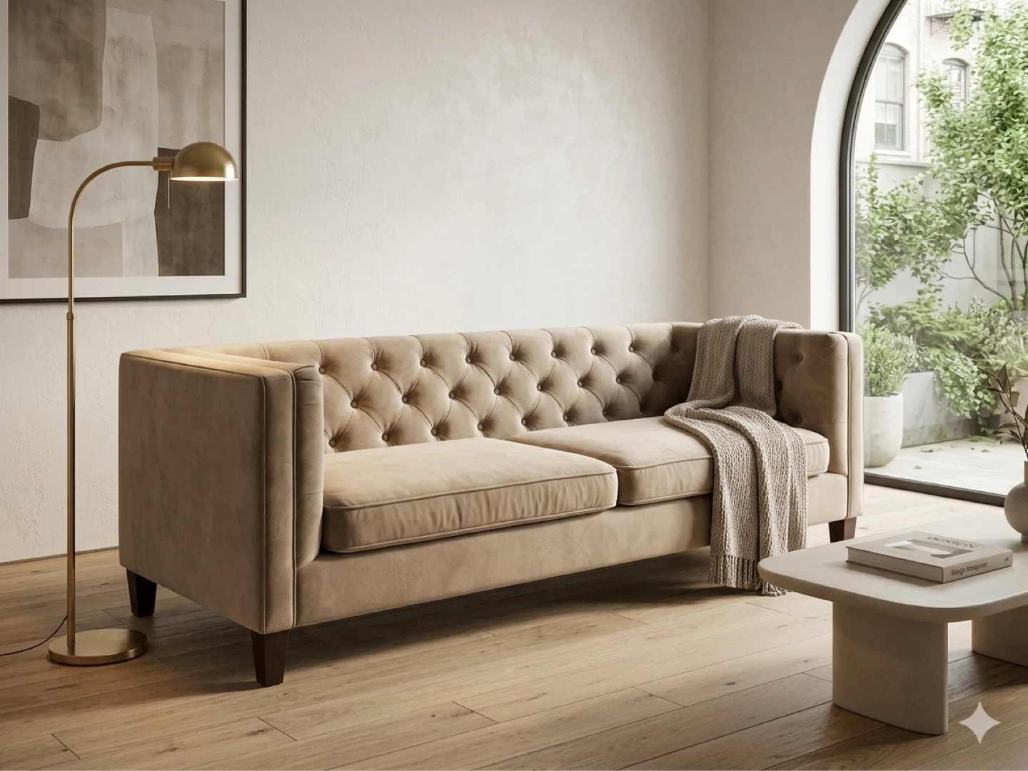 ✨ STUNNING Taupe Velvet Chesterfield / Tuxedo Sofa