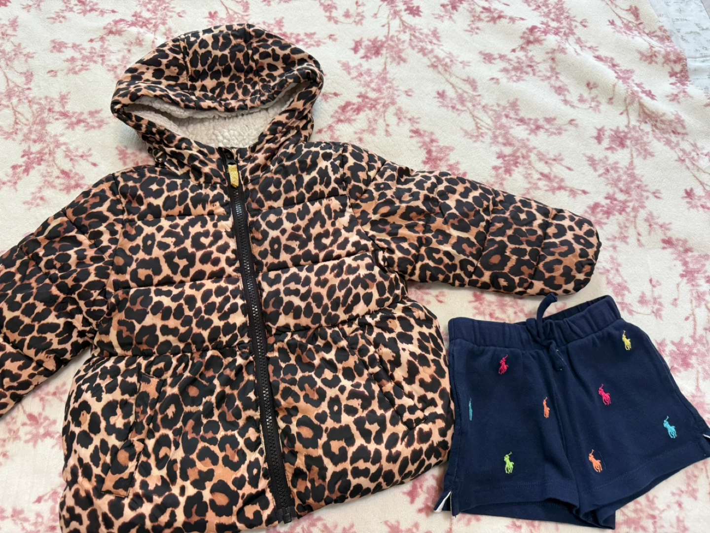 Kids Leopard Print Puffer Jacket & Polo Ralph Lauren Shorts Set