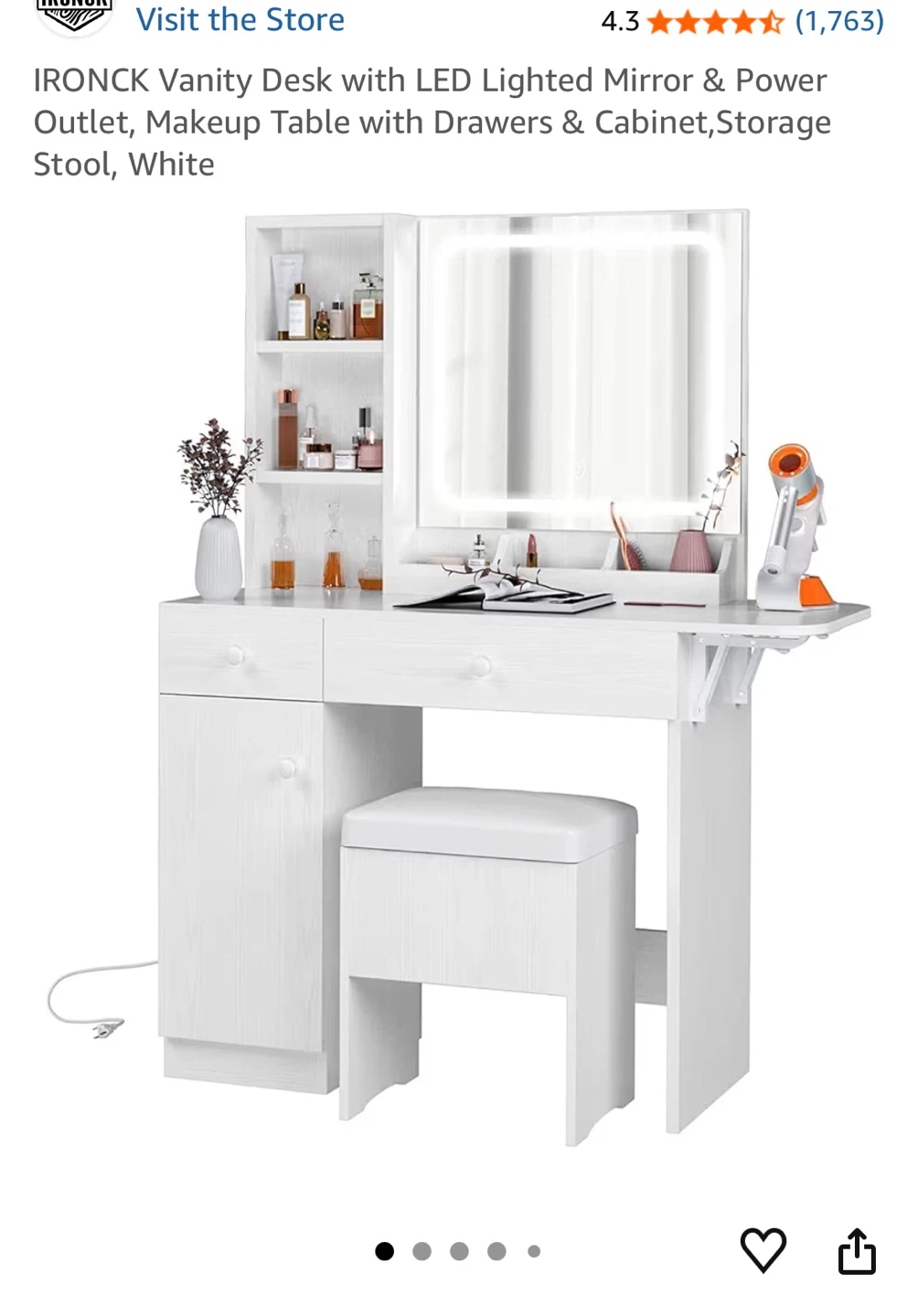 IRONCK White Vanity Desk with LED Mirror, Drawers & Stool