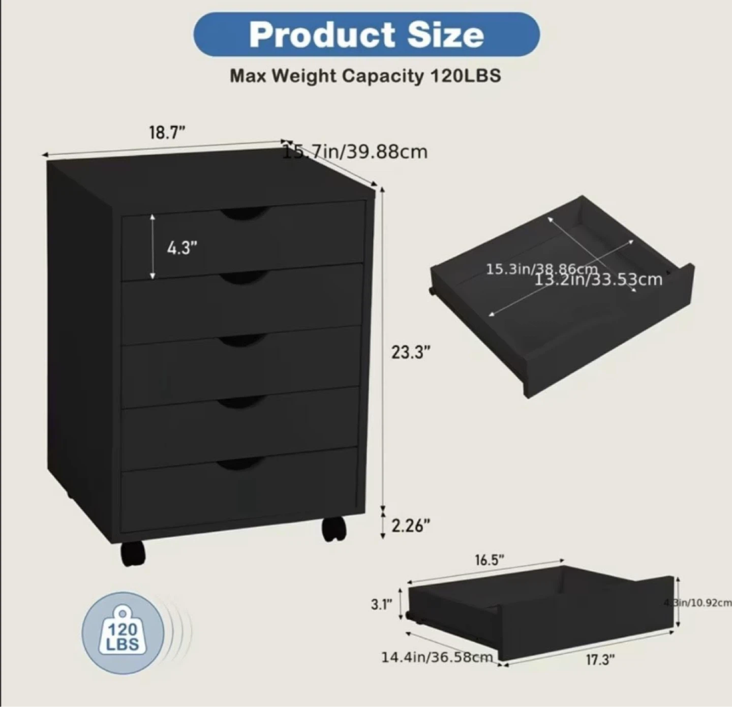 Black 5-Drawer Rolling Storage Cart - photo 2