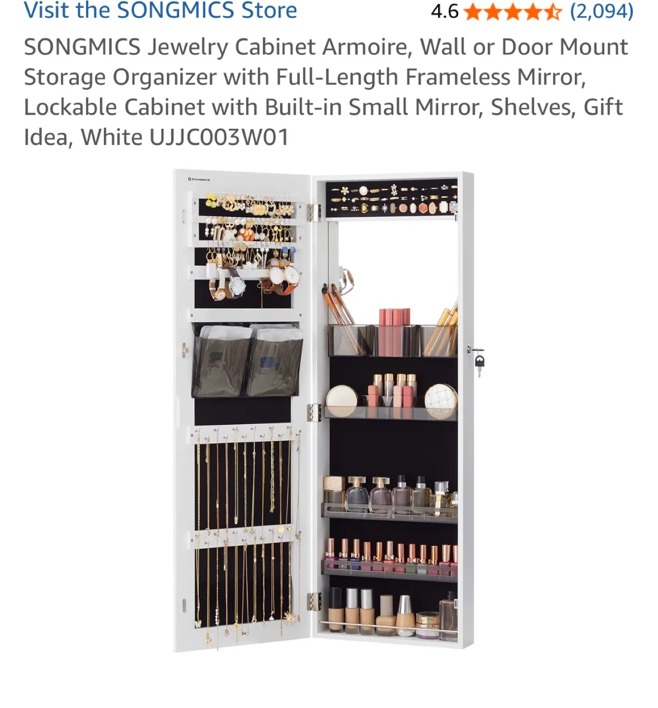 SONGMICS White Jewelry Cabinet Armoire with Mirror