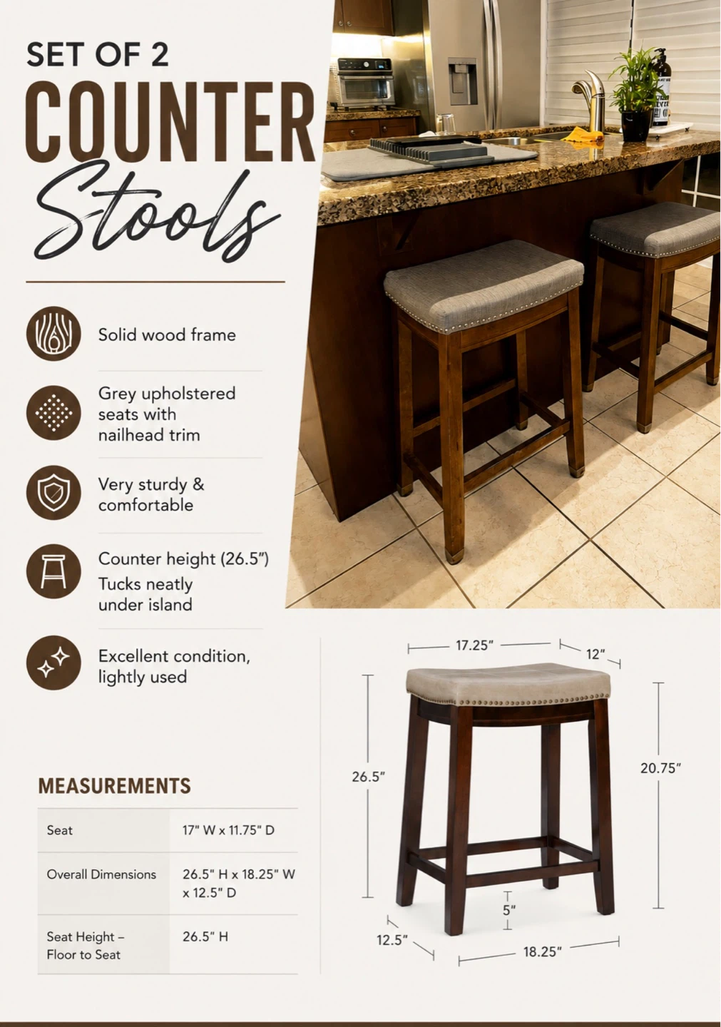 Set of 2 Counter Stools – Solid Wood, Grey Upholstered – Wayfair