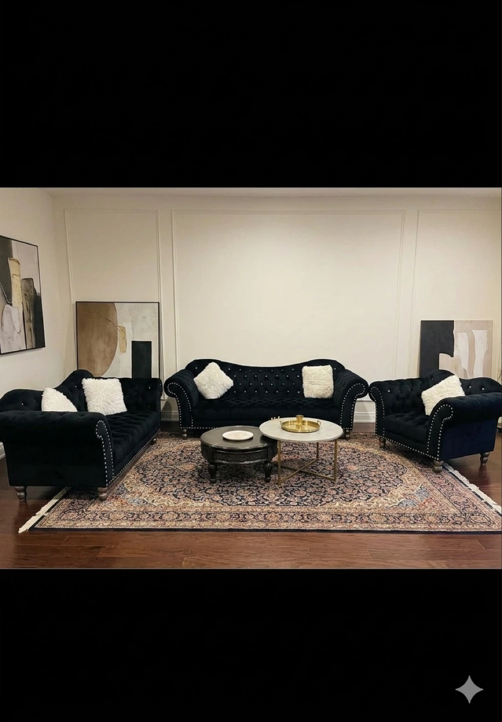 Black Velvet Tufted Sofa Set with Studded Trim