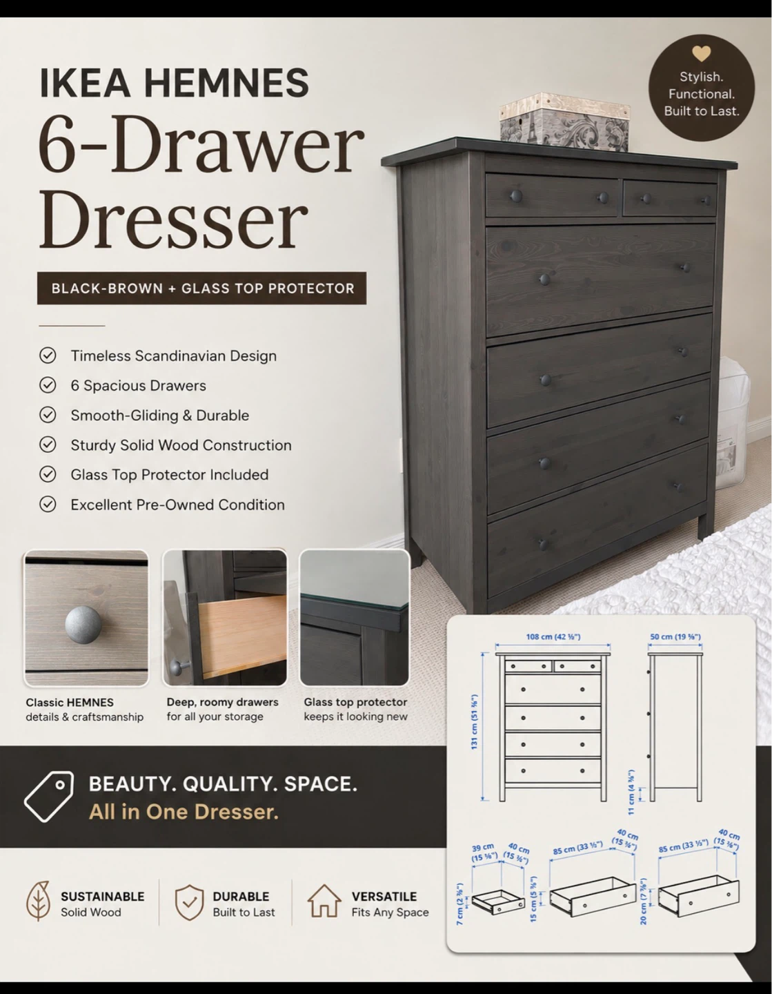 IKEA HEMNES 6-Drawer Dresser  + Glass Top Protector