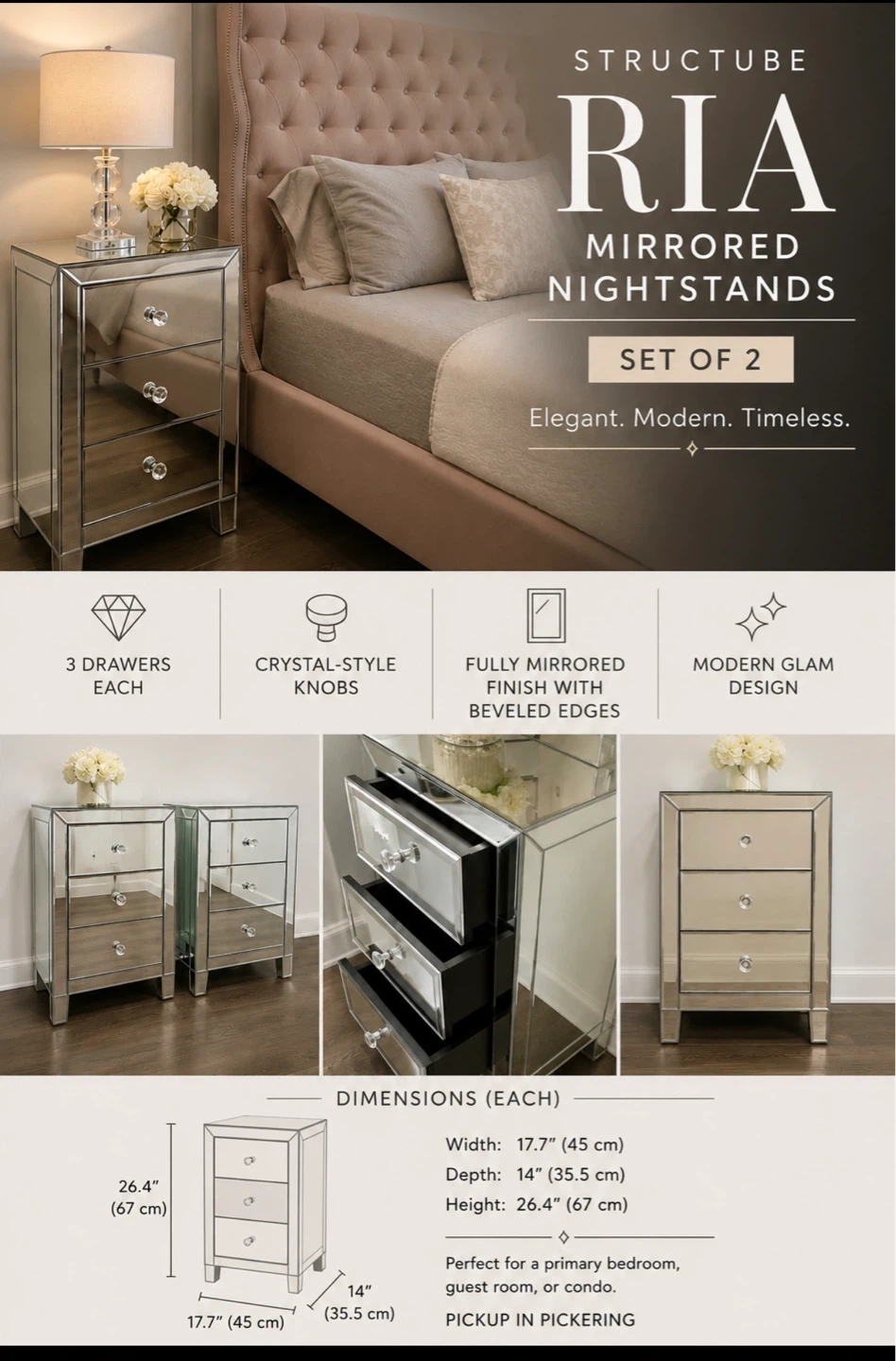 Structube RIA Mirrored Nightstands (Set of 2)