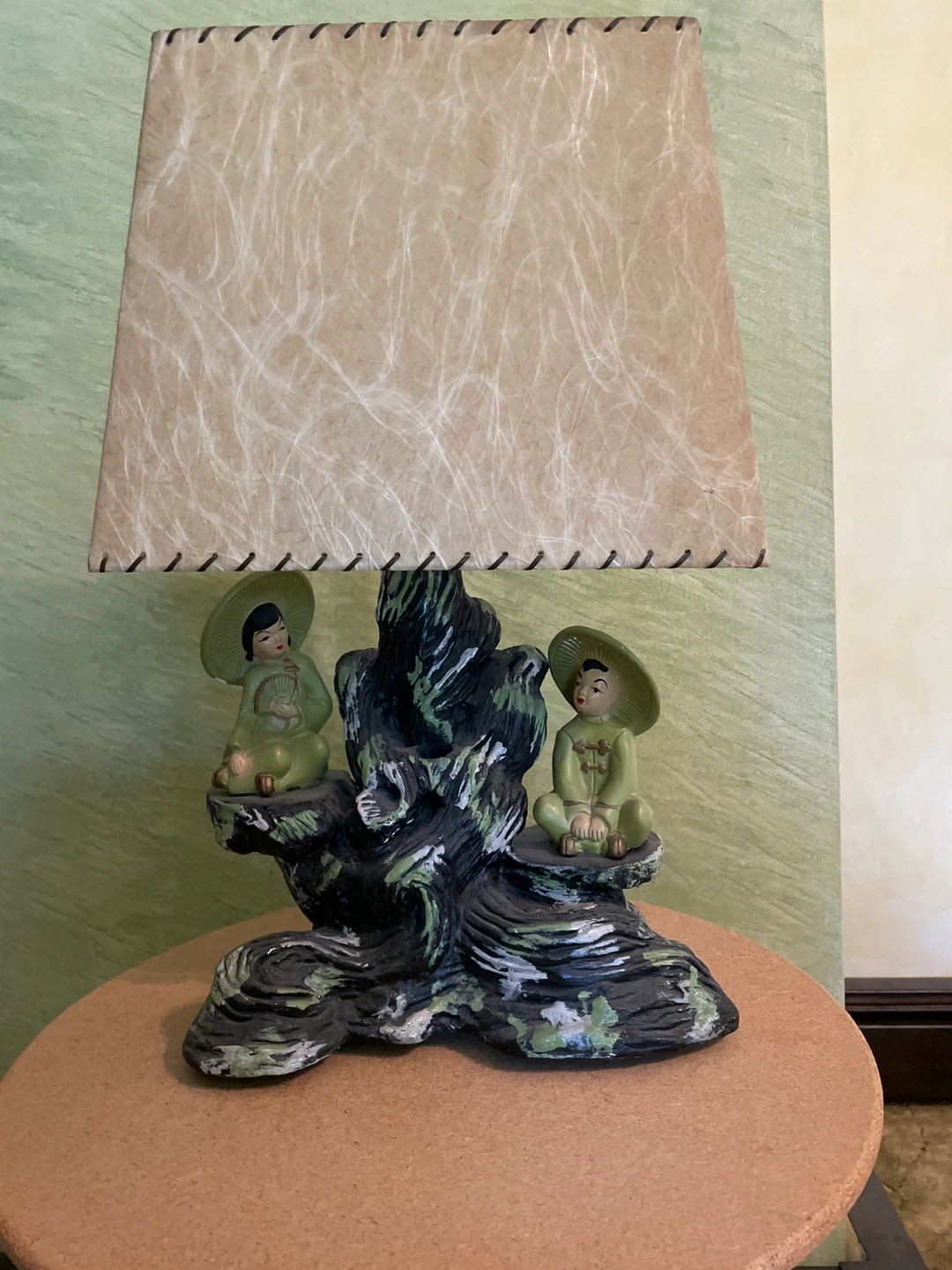 Vintage Asian Figural Lamp with Beige Shade