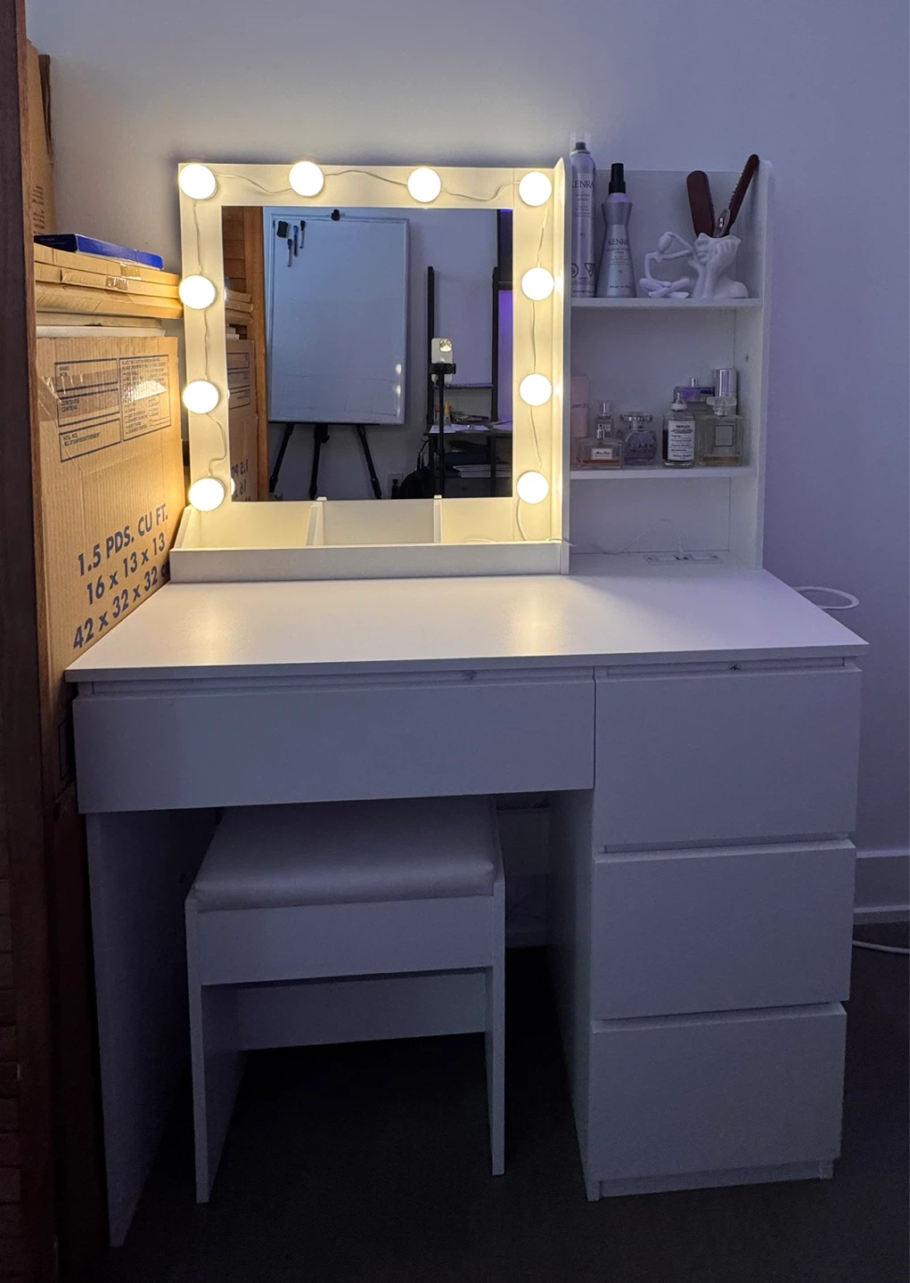 White Vanity Desk with Light-Up Mirror and Stool
