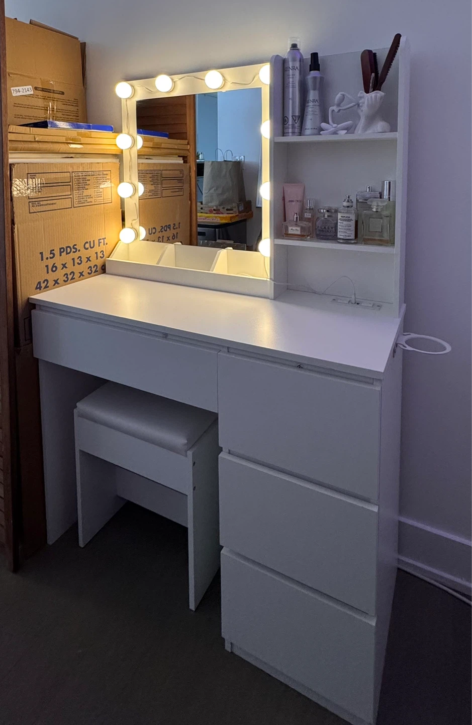White Vanity Desk with Light-Up Mirror and Stool - photo 2