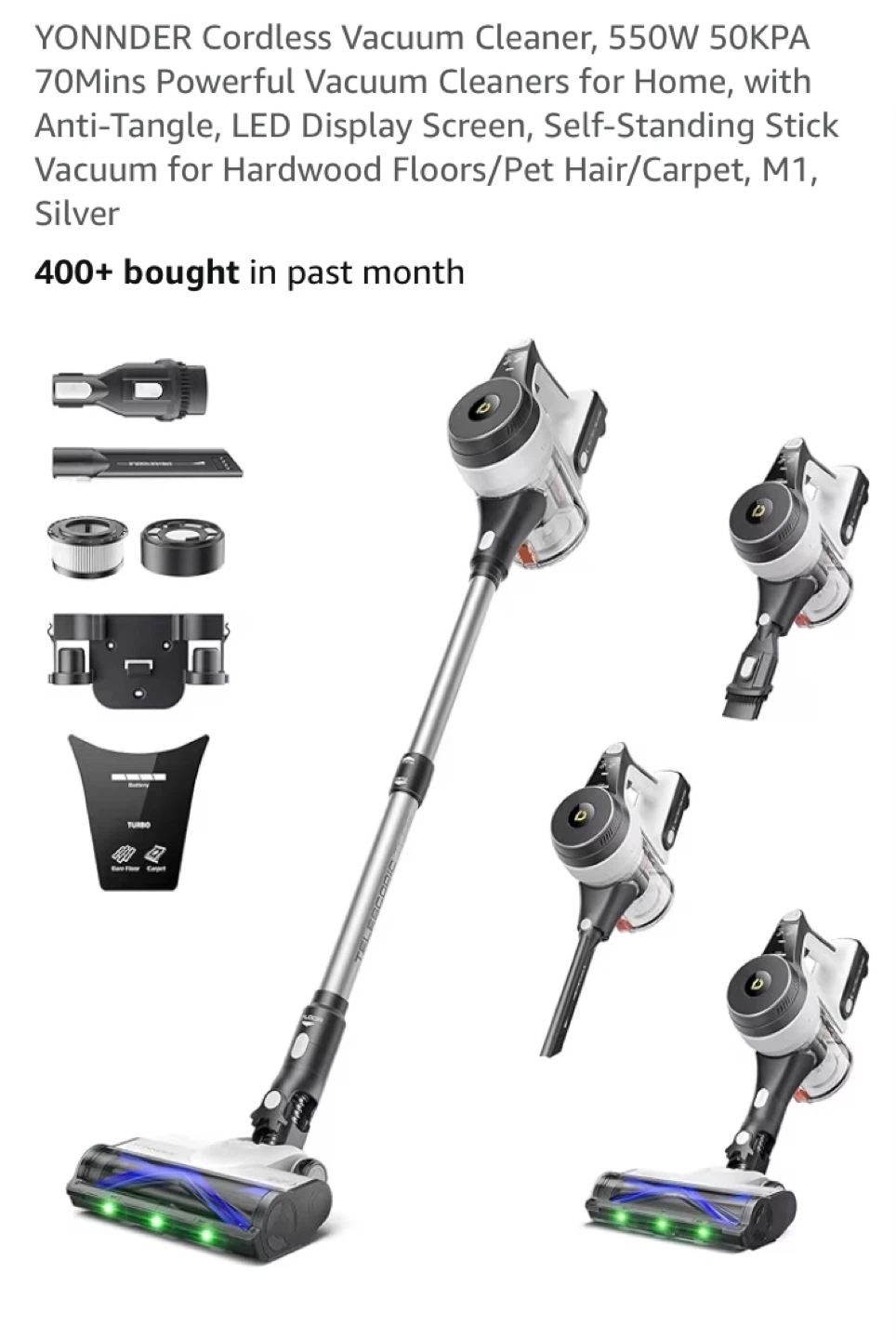 ⚽ YONNDER Cordless Vacuum Cleaner, 550W, 70Mins, Silver