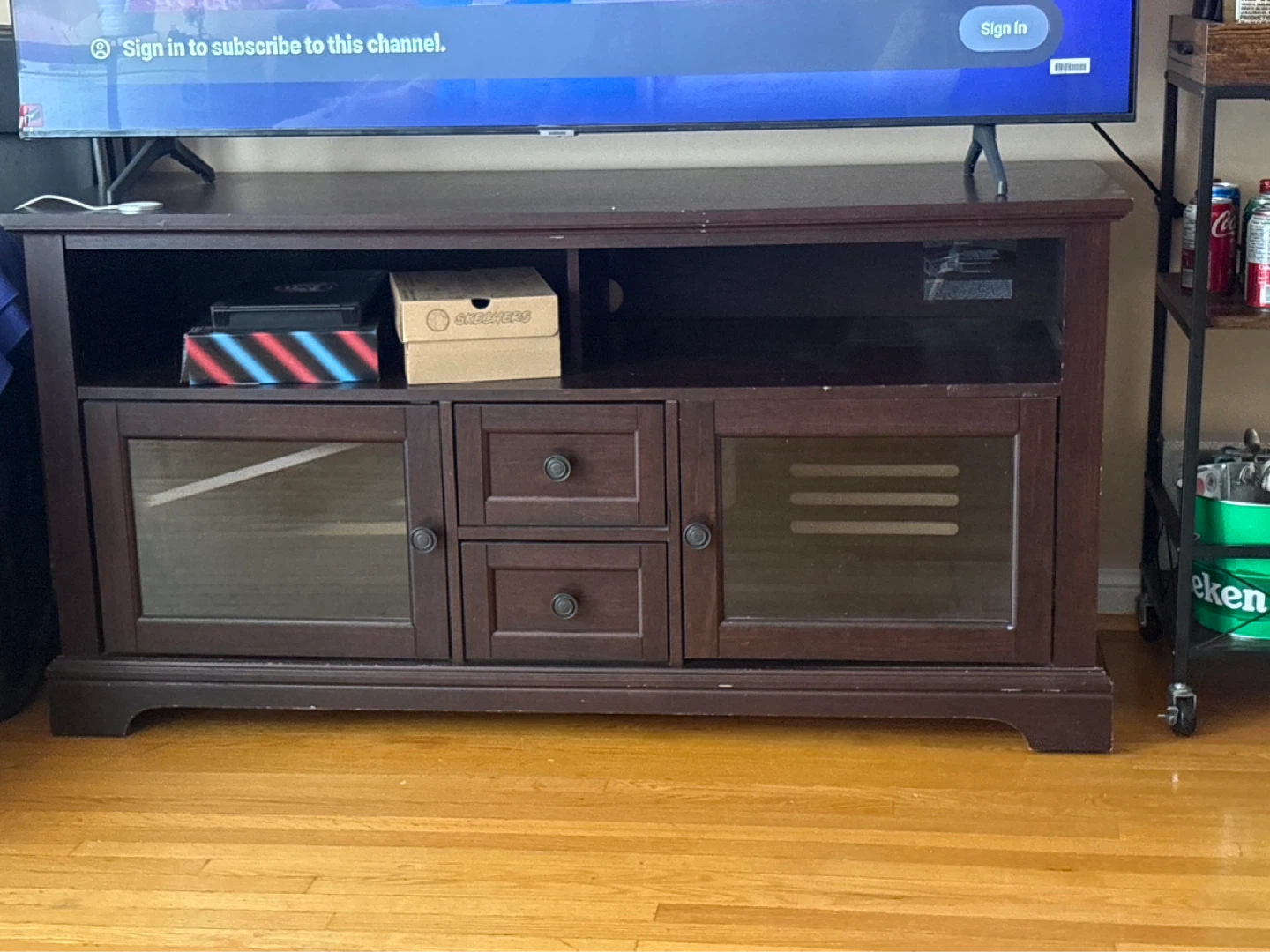 Dark Wood TV Stand with Glass Doors