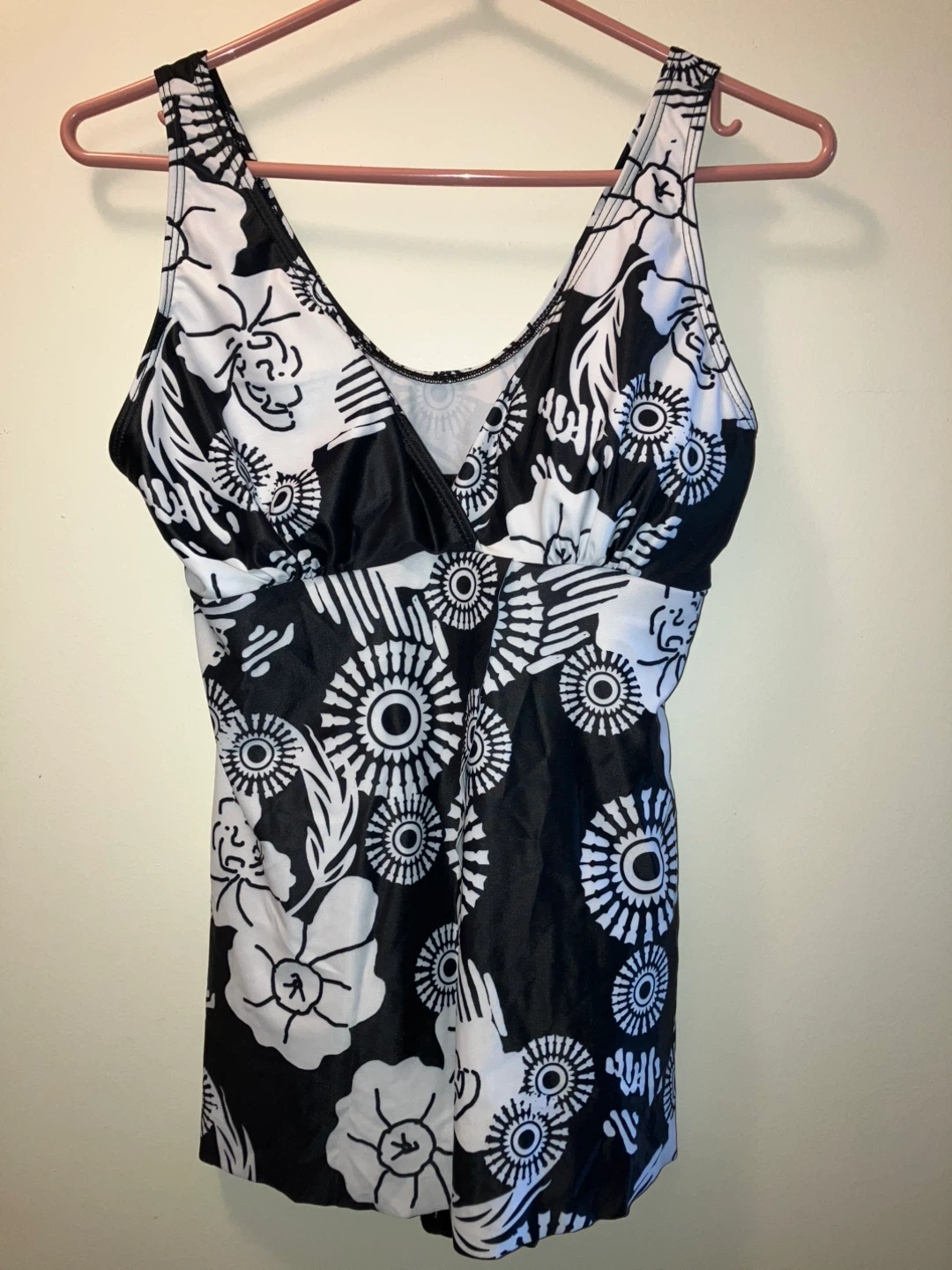 Black and White Floral Swim Dress - Size L