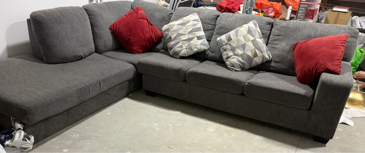 Grey Sectional Sofa with Red and Geometric Pillows - photo 3