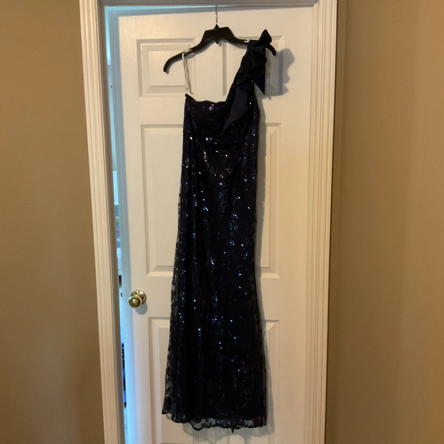Navy Sequined One-Shoulder Gown