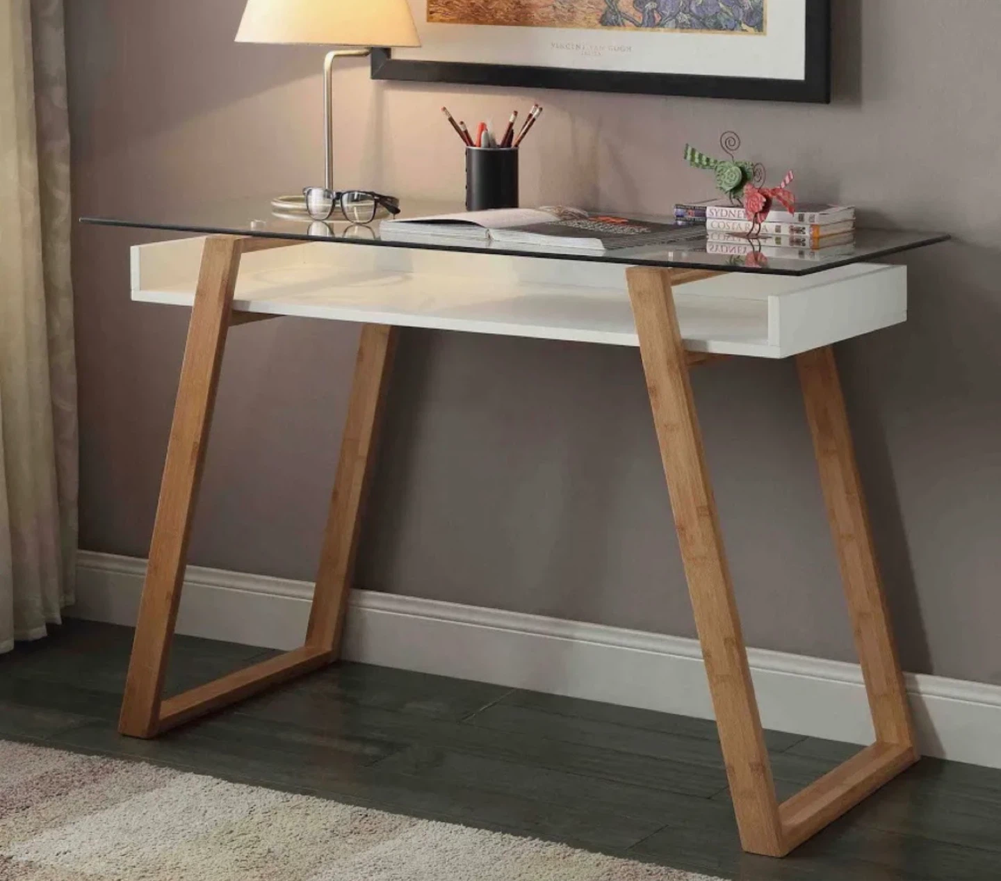 Glass Top Desk with Wooden Legs - photo 3