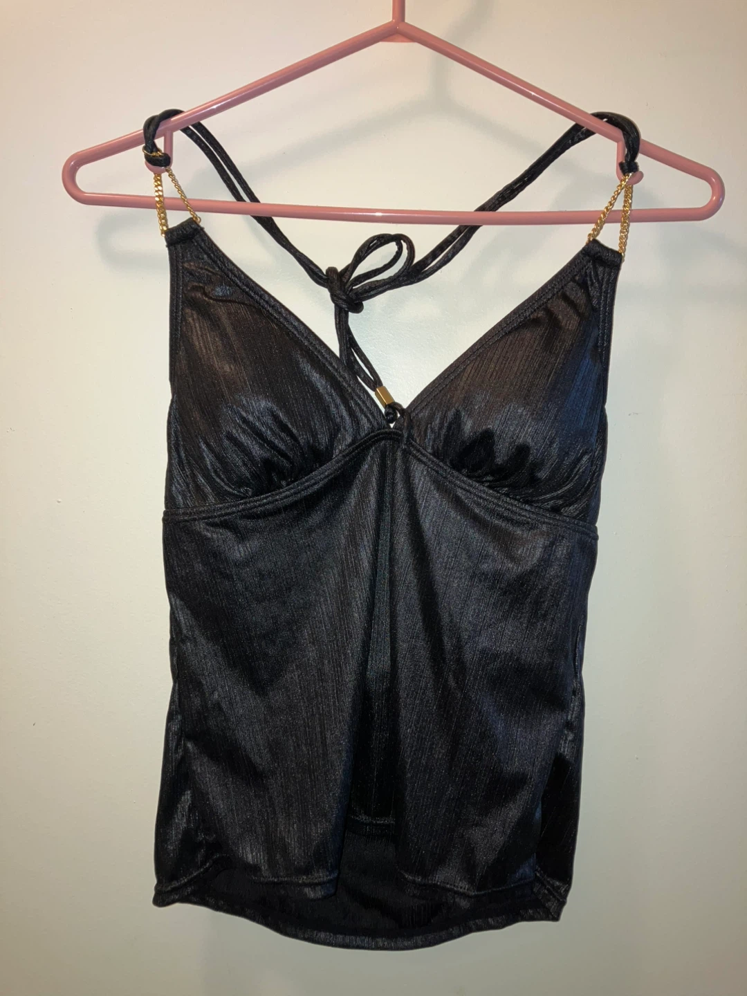 Liquid Blue black tank top with gold chain accents
