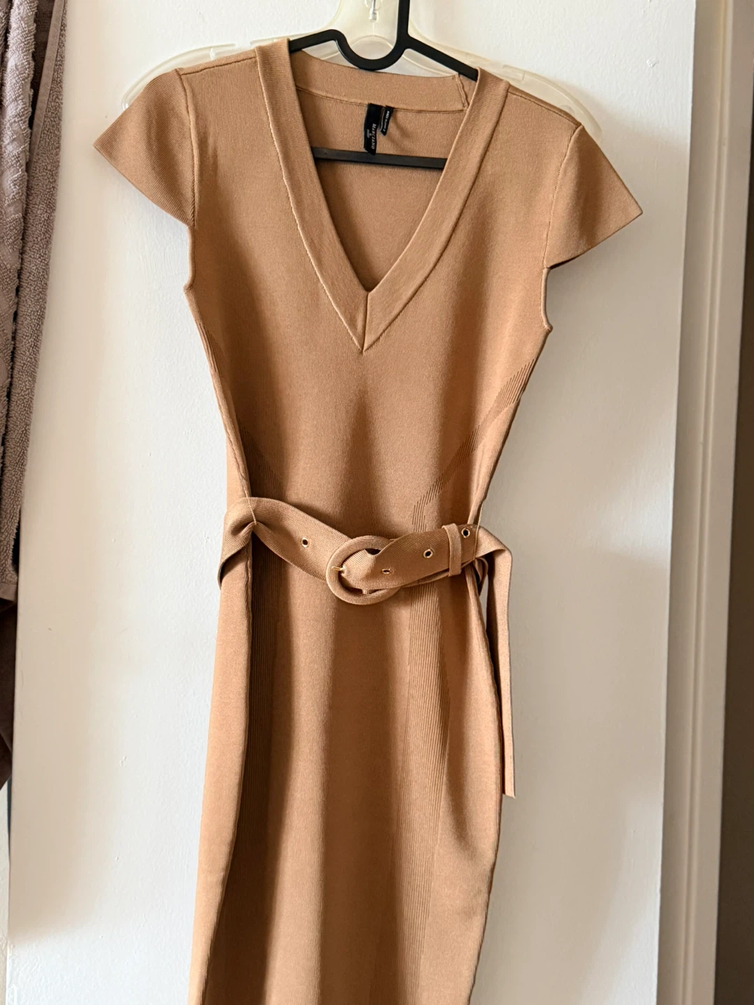 Guess Brown V-Neck Belted Knit Dress