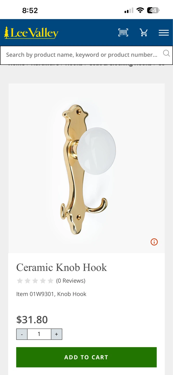Lee Valley Ceramic Knob Hook- Vintage - photo 2