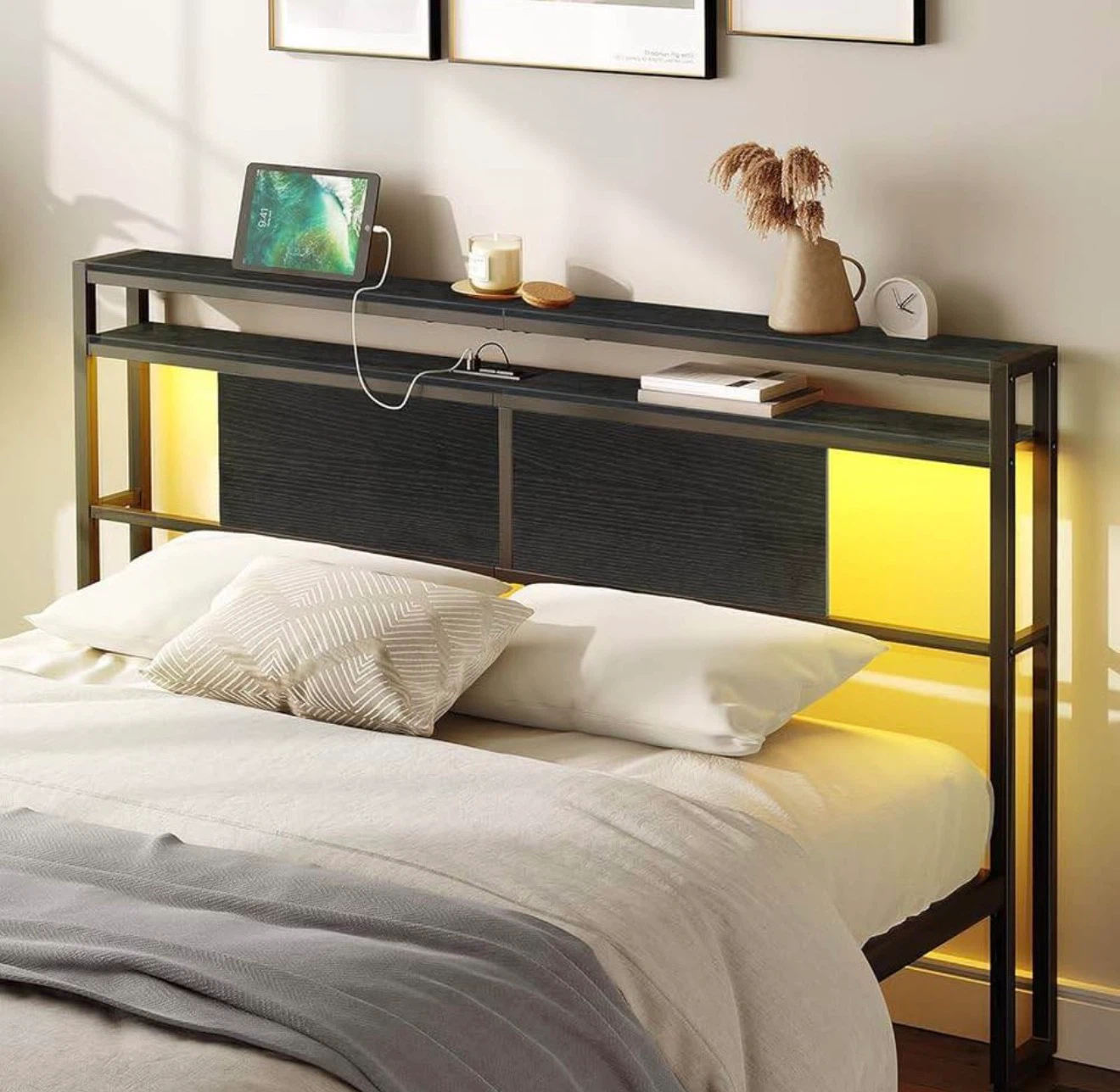 Queen Size Headboard with Storage & LED (Black)