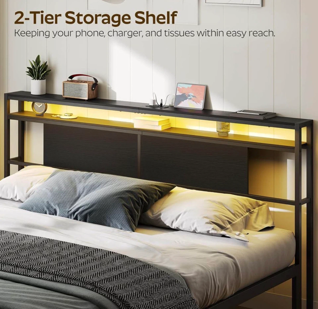 Queen Size Headboard with Storage & LED (Black) - photo 2