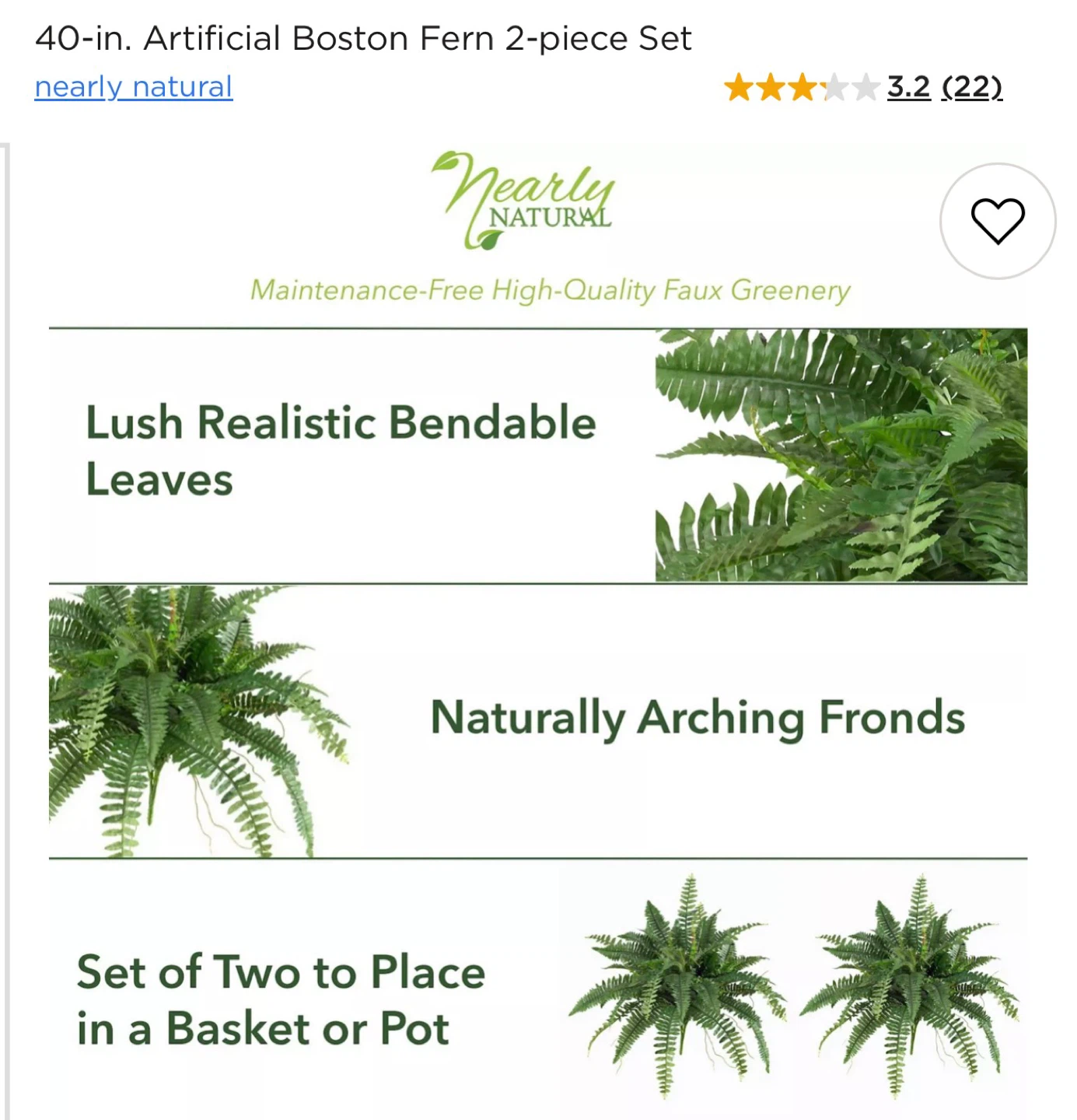Nearly Natural 30-inch Artificial Boston Fern Set - photo 2