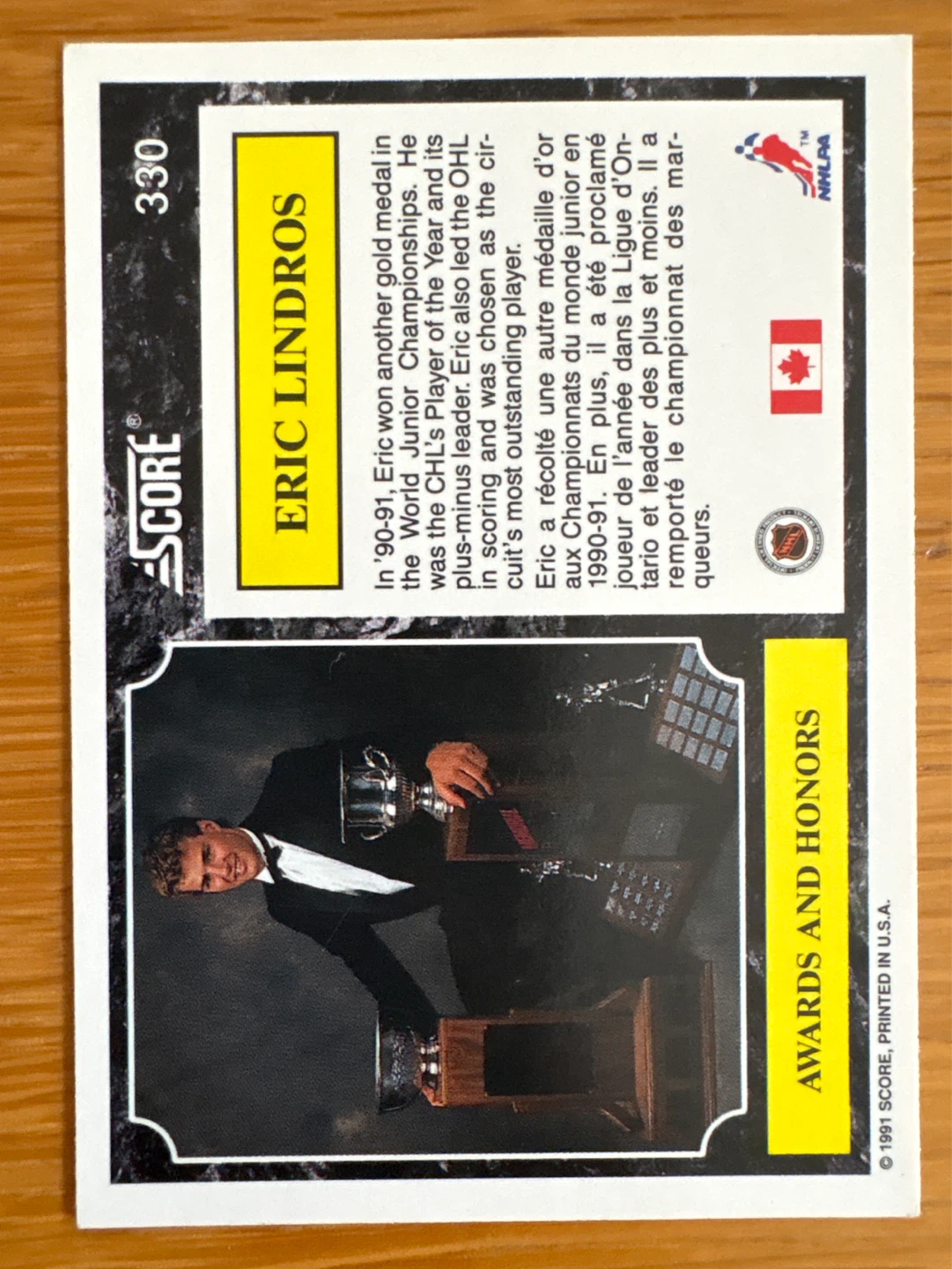 1991 Score Eric Lindros Awards and Honors Hockey Card - photo 2